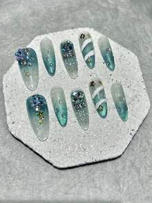 10 件仙女闪光按压指甲手工制作海蓝色渐变蓝钻水母星星长假指甲贴可拆卸指甲用品（1 张果冻贴纸+1 个指甲锉）