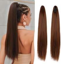18 Inch Ponytail Hair Extensions, Drawstring Long Straight Synthetic Hairpiece, Natural Soft Clip-In Hair Extensions - Dark Brown - Multicolor - View 4