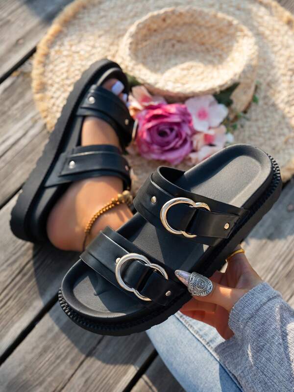 Sandalias planas versátiles para mujer con doble hebilla, antideslizantes, resistentes al desgaste, para usar en interiores y exteriores, en la playa
