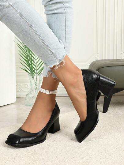 秋冬复古法式玛丽珍女鞋，纯色高跟鞋，方头粗跟，四季皆宜，优雅时尚