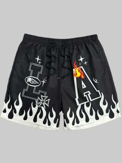 Pantalones cortos de verano para hombres con estampado gráfico de fuego y estampado de LA, pantalones cortos casuales con cordón elegantes y frescos para uso en la calle y en deportes de verano
