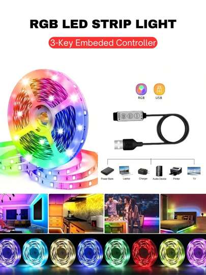 1pc Atmosphere Lighting 1m-15m/3.3ft-50ft TV Backlight Led Strip Light 5V USB Powered Rgb Strip Light 3-Key Control Multiple Color For Home Decoration, TV Monitor Background Lights,Festival Celebration Atmosphere Lights, Party Atmosphere Lights