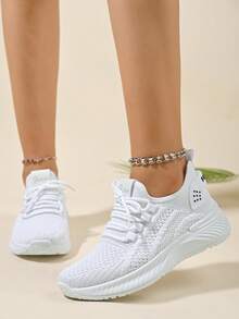 Tenis de correr livianos, cómodos y transpirables para mujer, modelo talla grande reciente 2025, calzado informal blanco de moda para gimnasio - Beis - Ver 6