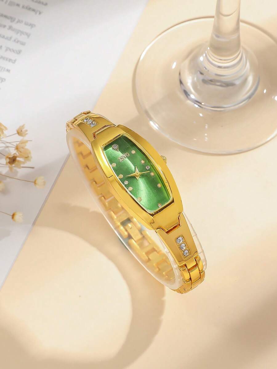 1pc Teenagers Rhinestone Studded Oval Dial Steel Strap Quartz Watch, Suitable As Birthday, Graduation Gift - Green - View 1