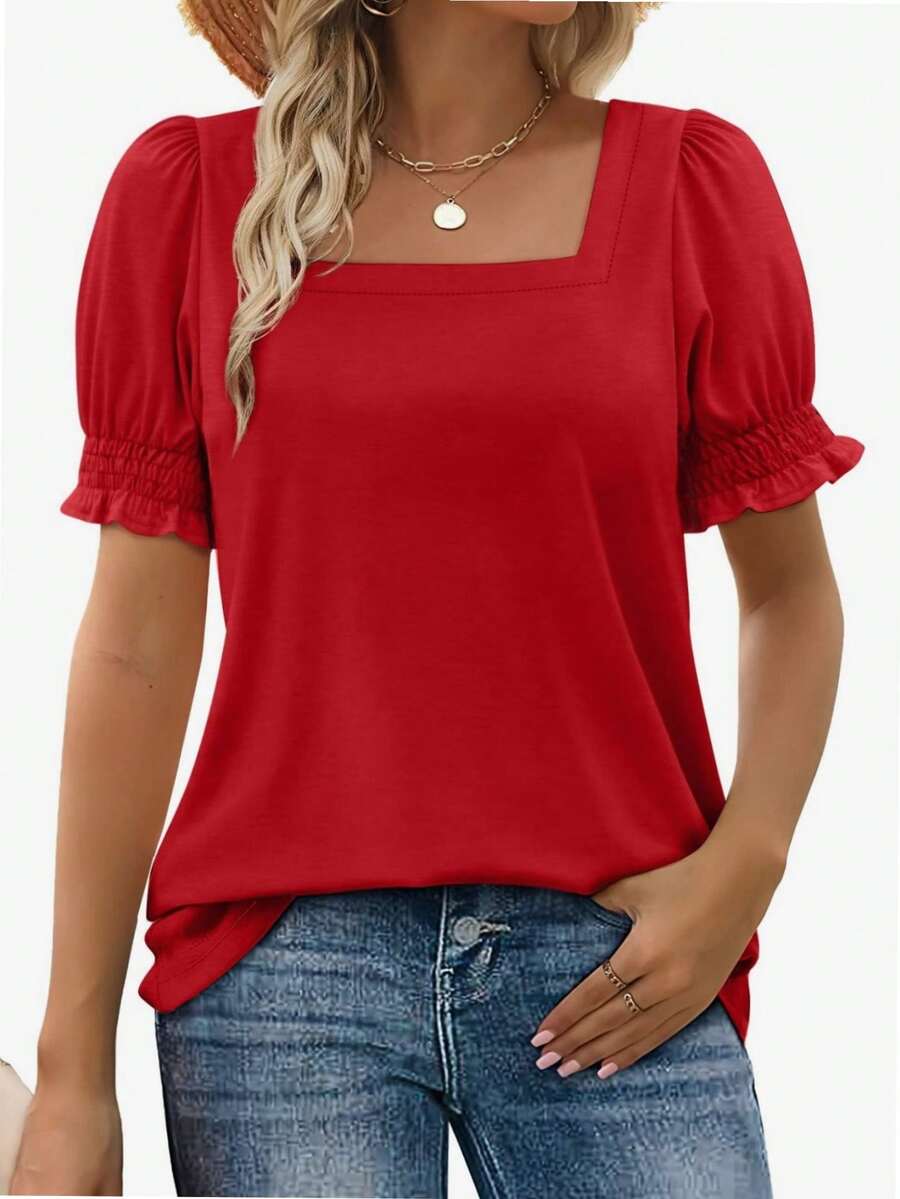 hupos Women's Casual Square Neck Short Sleeved Summer T-Shirt - Đỏ - Xem 1