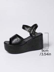 Sandalias de cuña con suela gruesa y estilo de moda para mujer de talla grande, con correa ajustable, Top cómoda, punta abierta, adecuadas para uso diario, vacaciones, fiestas, combinan bien con faldas y pantalones - Negro - Ver 7