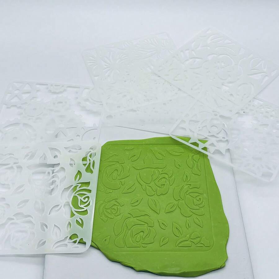 6pcs Reusable Soft Plastic Texturized Floral Plant Nature Imprint Hollow Template, Washable - White - View 1