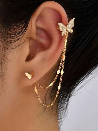 2 件迷人蝴蝶流苏链方晶锆石耳钉，适合女性派对、舞会、庆典和节日礼物