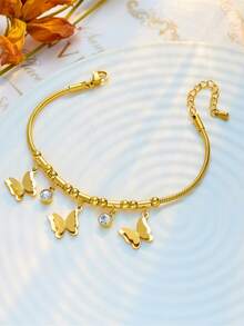 1pc Life Tree Pendant Rhinestone Stainless Steel Delicate Chain Bracelet, Fashionable & Versatile Design, Suitable For Daily Wear - Golden - View 5