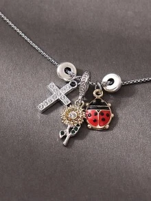 1 件休闲时尚水钻向日葵、瓢虫、玛丽亚串珠男女通用不锈钢项链，适合女性约会、街头风格、夜店 - 銀色 - 查看 7