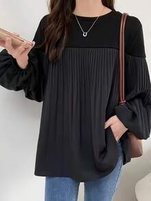 Women's Shirts, Cut And Sewn, Crew Neck Tops, Casual, T-Shirts, Gathered, See-Through, Thin, Long Sleeves, Classical, Romantic, Slimming, Commuting, Stylish, Voluminous, Frills, Spring And Autumn, Elegant, Elegant, No Yarn, Women's Shirts, Travel, Everyday, Festival, Spring And Autumn - màu đen - Xem 1