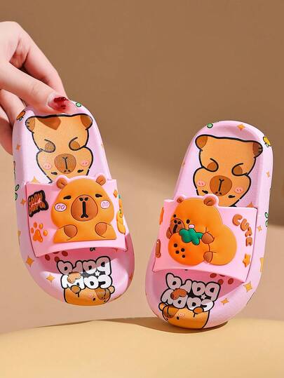 1 双女童可爱卡通防滑露趾平底儿童拖鞋，适合夏季