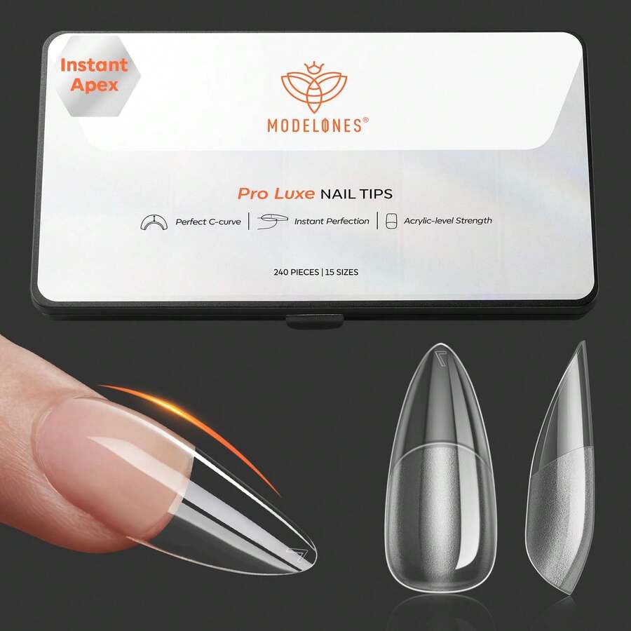 Modelones Pro Luxe Instant Nail Apex Tips 15 Sizes, Medium Almond Extension Gel Tips Pre-Building & Pre-Etched Thicker Strength Acrylic Fake Nails Full Cover 240 Pcs - Clear - View 1