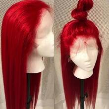 200 Density Red Straight 13x4 HD Lace Front Wigs Human Hair Pre Plucked With Baby Hair 12A Brazilian Remy Long Straight Invisible Lace Frontal Human Hair Wigs For Women Red Color 34inch - SRed - 查看 1