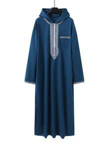 Muslim Men's Long Sleeve Embroidered Hooded Zipper Islamic Loose Casual Robe, Soft Fabric, All Season - Blue - View 3