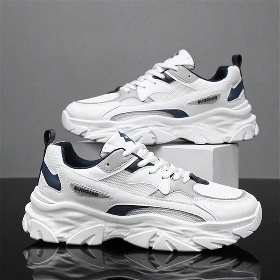 Men's Fashionable Color Block Breathable Front Strap Sports Shoes, Lightweight And Durable Casual Running Shoes For Daily Wear - Blue and White - View 1