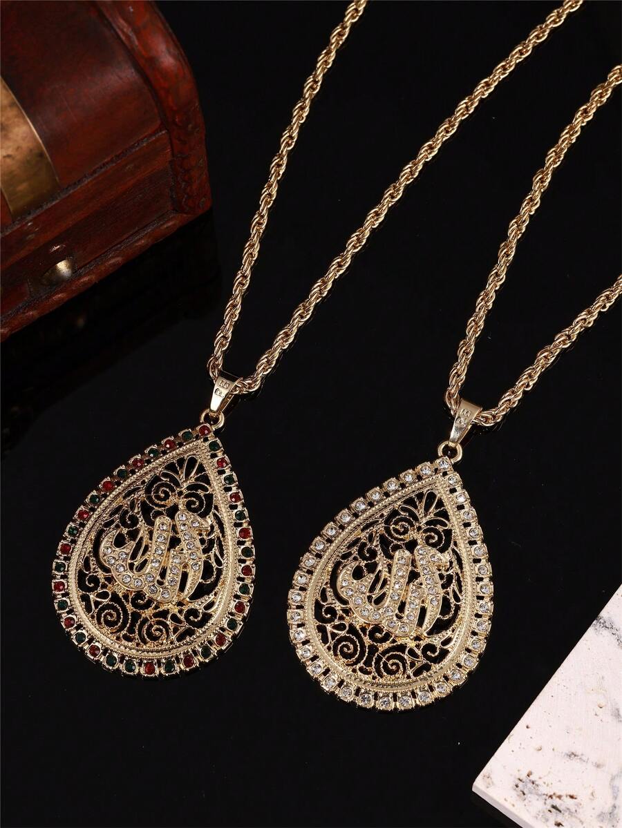 1 pieza Collar colgante de cristal de imitación tallado hueco con gota de agua vintage dorado, joyería de moda para mujer, fiesta de vacaciones y regalo - Multicolor - Ver 1
