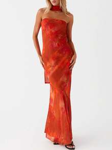 Womens Floral Strapless Dress Y2k Backless Sleeveless Tube Maxi Long Dresses Sexy Mesh Bodycon Summer Beachwear - 珊瑚橙 - 查看 4