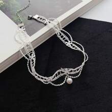 1pc Fashionable, Simplistic & Charming Lolita White Lace Hollow Pearl Pendant Choker Necklace, Suitable For Daily Wear