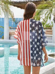 Women's USA Flag Print Beachwear Kimono Cover Up, 4th Of July