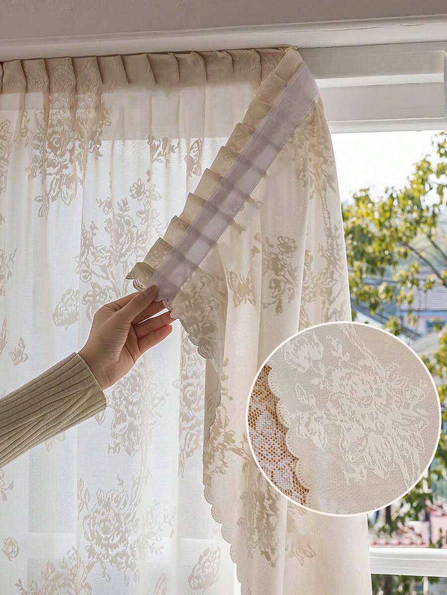 1 Stück Klettverschluss Vorhang für Wohnzimmer Schlafzimmer, bohren nicht erforderlich, blumenmuster durchscheinend, staubdicht und wärmeisolierend - Beige - Übersicht 1