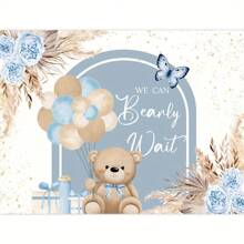 Bear Background Blue Bohemian Flower Rose Pampas Grass Balloon Birthday Party Decoration Banner Photography Background