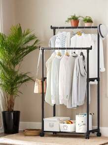1pc Easy Assemble Floor Standing Drying Rack, Single Rod Double Rod Storage Rack, Garment & Hat Rack, Balcony Drying Rack With Swivel Wheels, Movable Storage Organizer