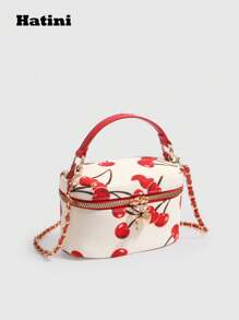 Mini sac bandoulière à chaîne, sac à main en patchwork imprimé, sac boîte mignon à motif cerise, petit sac seau adorable, sac polivalent d'épaule et de messager, convient pour le bureau, les déplacements, les rendez-vous, les courses, les vacances, la plage, les festivals de musique, les fêtes