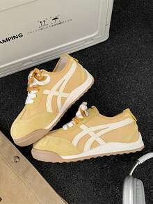 Solid Color Contrast Lace-Up Thick Bottom Casual Platform Trainers For Fashion Workout - Yellow - View 6