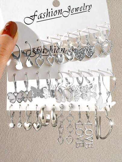 [12/20/32pcs] Heart, Butterfly, LOVE Earring Set, Fashion Minimalist Jewelry, Versatile For Daily Wear, Vacation, Party, Great Gift For Friends & Girlfriend