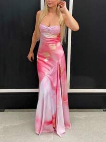 Robe de vacances fendue sexy glamour en satin imprimé pour femme - Rose bonbon - Voir 1