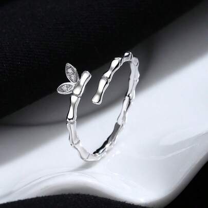 1 Pc Minimalist 925 Sterling Silver Bamboo Leaf-Shaped Ring, Unique Delicate Design Elegant Branch Opening Rings For Women