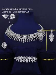 5pcs White Gold Plated Luxury Royal Style Crown Design Bridal Jewelry Set, Hand-Set 3D Cubic Zirconia, Including Necklace, Bracelet, Earrings, Ring, Suitable For Daily Wedding Wear, Wedding Anniversary Gift (Premium Gift Box Included) - Platinum Plated - View 3