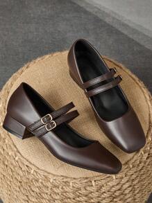 Women's 3cm Cloth Covered Heel Black Fashion Versatile Navy Blue Seasonal Coffee Mary Jane Wine Red Chunky Heel Flats