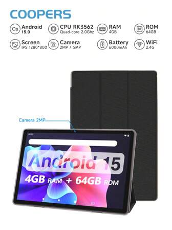 Coopers CP20 Tablet Android 15 Tablet With Case, RK3562 4-Core 2.0Ghz/4GB RAM 64GB ROM/2.4G WiFi+WiFi 6/BT 5.2/FHD IPS Display/2MP+5MP Dual Camera/6000mAh/Support 512GB SD Expansion/For Online Lesson,Reading,Games(No Adapter)