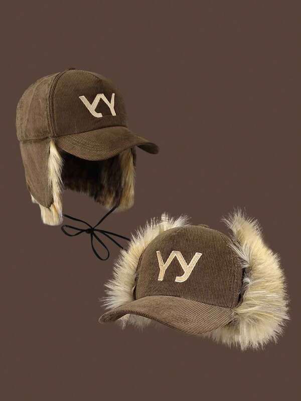 1 pezzo Cappellino da baseball da donna, cappello con ricamo lettera Y alla moda, design reversibile di alta qualità, protezione per le orecchie in finta pelliccia vintage, in velluto a coste spesso e caldo, stile versatile unisex