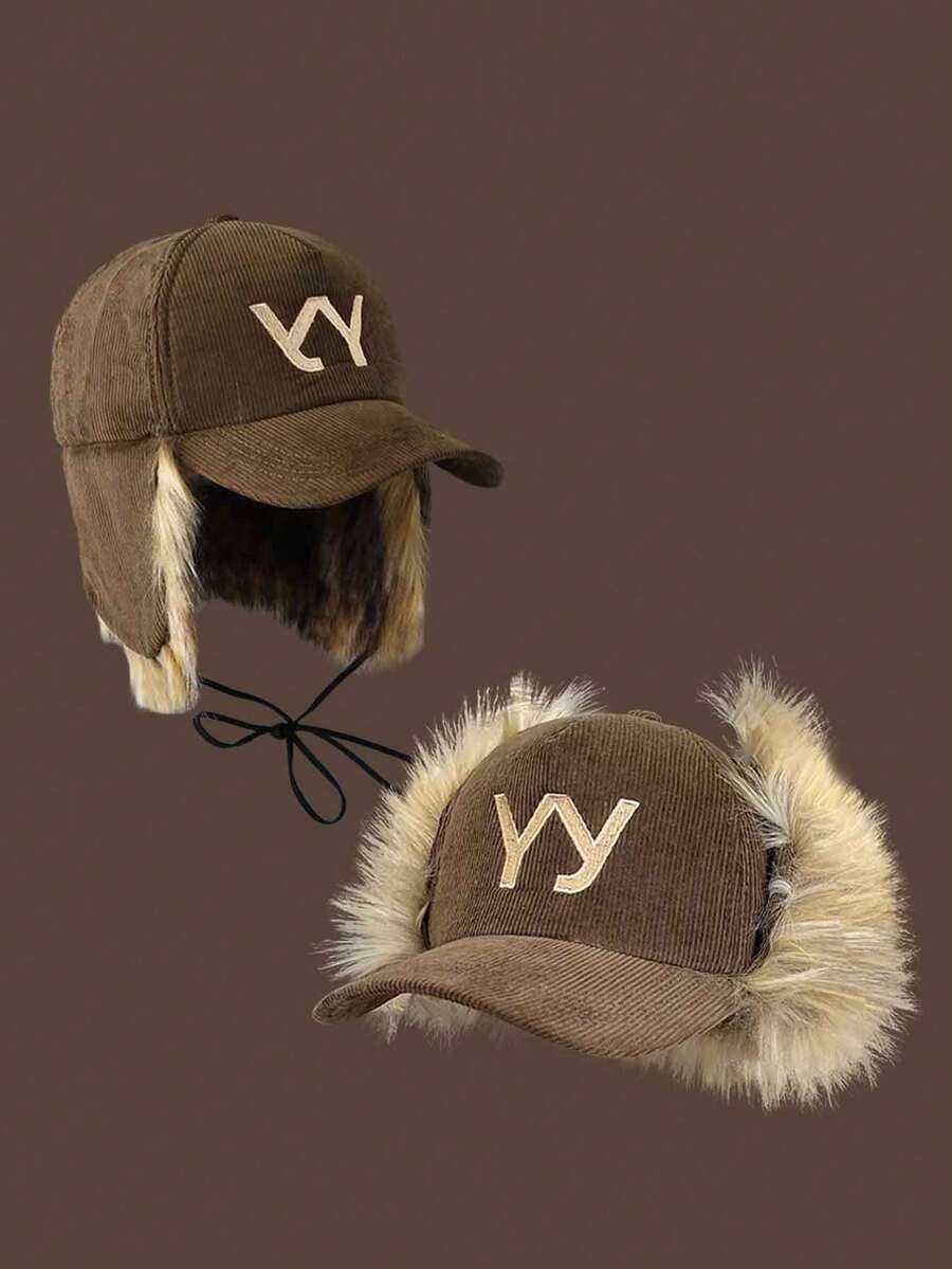 1 pezzo Nuovo paraorecchie in cordoncino caldo con ricamo della lettera YY, in finta pelliccia, per autunno/inverno