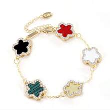 1pc Clover Shaped Rhinestone Decor Elegant Bracelet, Fashionable Dual-Sided Mother Of Pearl Flower Bracelet, Multiple Colors Available For Women