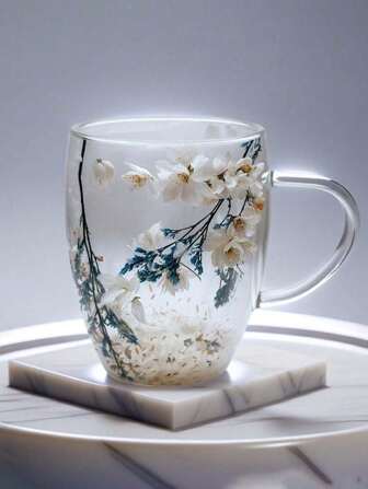 1 taza de café de vidrio de doble capa con flores secas, taza de agua aislada y resistente al calor, adecuada para bebidas calientes y frías, perfecta para bebidas frías, agua con gas, té de frutas, jugo y café con leche - adecuada para bodas, fiestas, despedidas de soltera, regalos de cumpleaños, etc., decoración de boda, decoración navideña, decoración de cumpleaños, regalo de cumpleaños, decoraciones de mesa navideñas, Navidad, decoraciones navideñas, regalos de Navidad