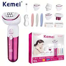 Kemei KM-6051 5 In 1 USB Rechargeable Women's Epilator, Portable Hair Removal Device, Rotary Shaver For Body, Face & Legs - Depilator For Smooth Skin