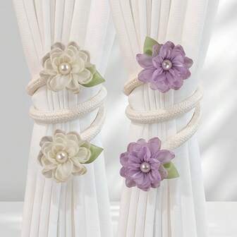 2 件优雅红色花卉窗帘系带 - 无需钻孔，涤纶系带，适用于客厅和卧室装饰