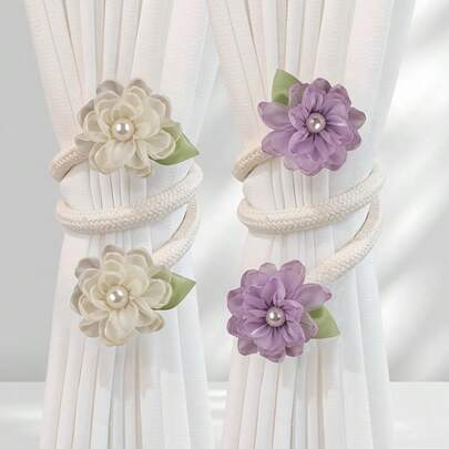 2 件优雅红色花卉窗帘系带 - 无需钻孔，涤纶系带，适用于客厅和卧室装饰