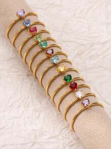 1 peça de anéis de pedra de nascimento de zircônia em formato de coração para mulheres, banhados a ouro 18K, aço inoxidável, 12 cores, anel de pedra de nascimento, joia estética para casamento e Natal, presente