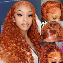 34 Inch Ginger Orange Lace Front Wigs Human Hair Deep Wave 13x4 HD Transparent Lace Frontal Wig For Women 250% Density Curly Wet And Wavy Lace Front Wigs Human Hair 350# Colored Glueless Wig - S350 - 查看 1