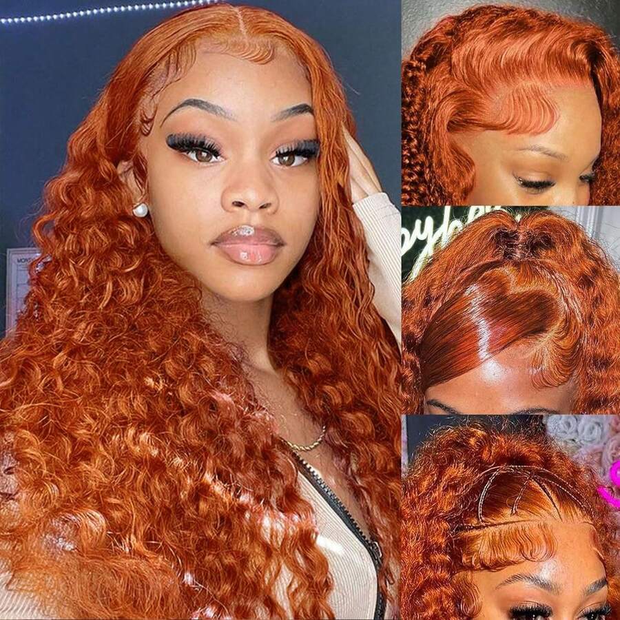 34 Inch Ginger Orange Lace Front Wigs Human Hair Deep Wave 13x4 HD Transparent Lace Frontal Wig For Women 250% Density Curly Wet And Wavy Lace Front Wigs Human Hair 350# Colored Glueless Wig - S350 - 查看 1