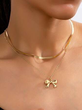 1pc Double Layer Snake Bone Style Minimalist Necklace, Metal Cute Bow Pendant, Daily Commute & Party Accessories For Women, Spring/Summer, Suitable For Friends, Party, Wedding & Birthday Gift
