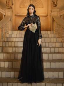 Black Sequin High Neck Puff Sleeves Mesh Skirt Prom Dress, Modest