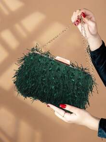 Mini Fluffy Tassel Box Style Evening Handbag - Dark Green - View 5