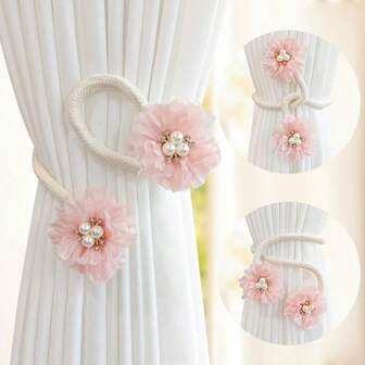 2pcs French Curtain Strap Bendable Faux Pearl Flower Yarn Curtain Buckle Curtain Tieback Curtain Holdback For Living Room Home Decor