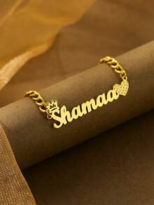 Customized 2 Names Necklace With Crown & Heart Shaped Zirconia Cubic, 5mm Cuban Chain, Stainless Steel, Jewelry Gift For Men & Women, Valentine's Day - Gold - View 4